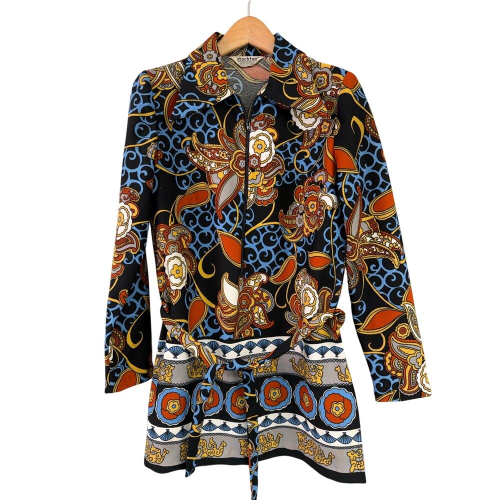 Stockton Vintage Tunic Top Paisley Dagger Collar Long Sleeve Belted Funky Disco